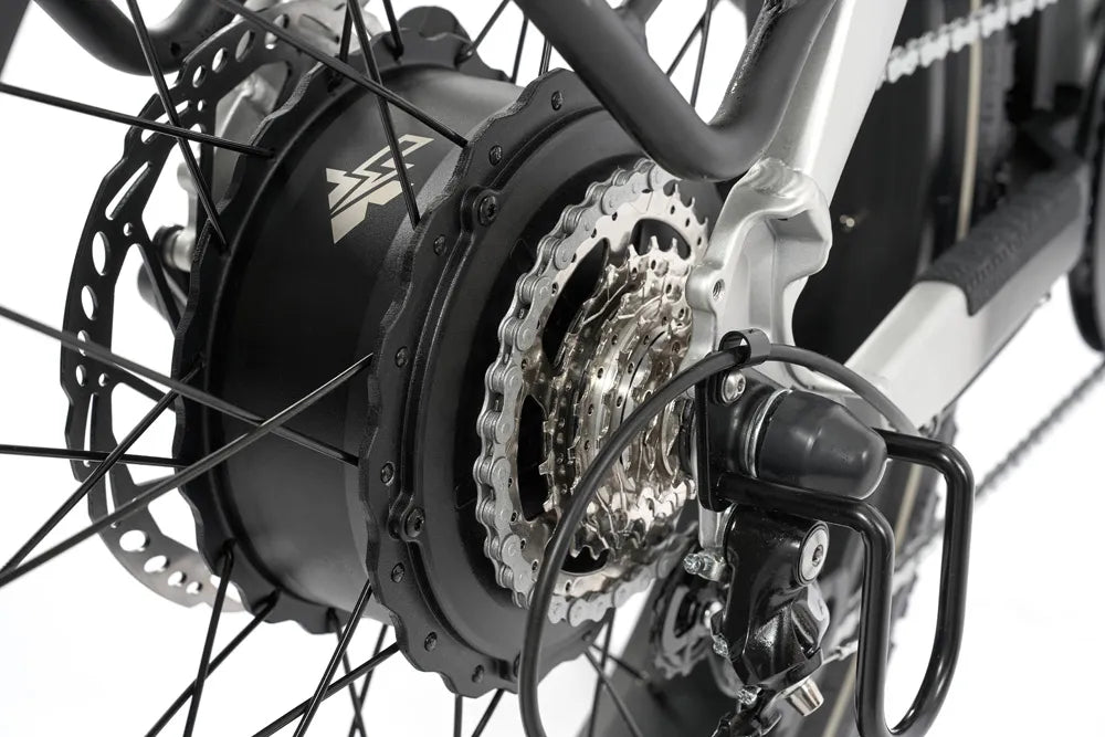 60V high-torque rear hub motor with hydraulic disc brake on the Ariel Rider X-Class electric bike.