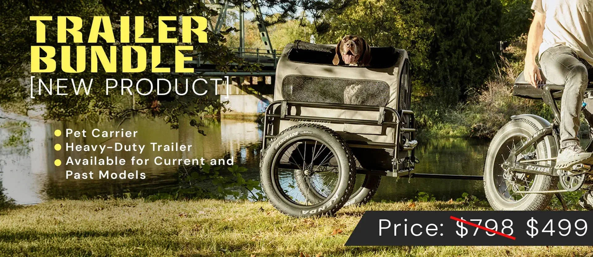 Ariel Rider heavy-duty pet trailer bundle attached to e-bike by a lakeside, featuring carrier and trailer system.