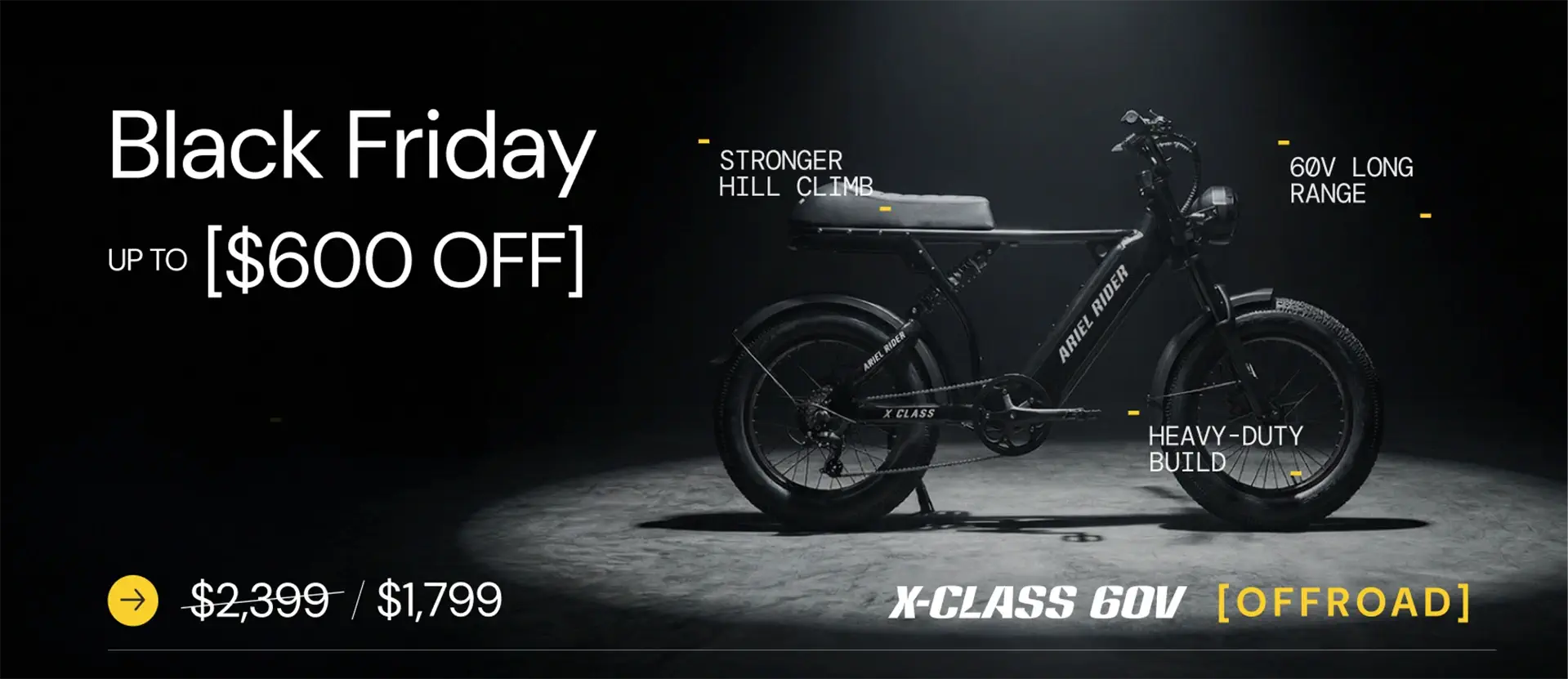 Ariel Rider X-Class 60V Offroad electric bike shown in a dark studio with Black Friday savings.