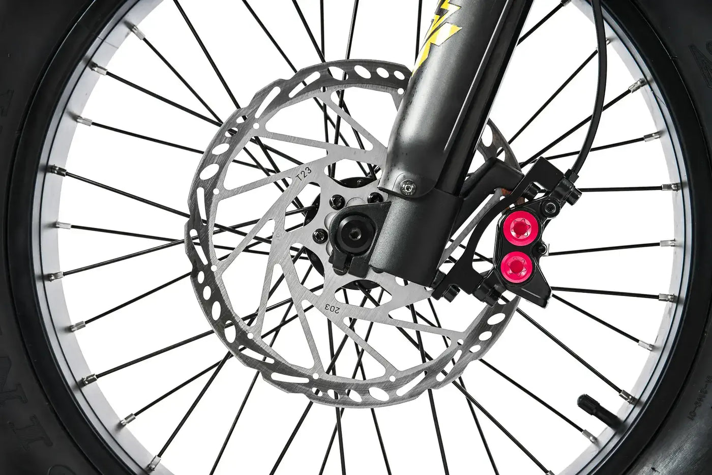 Front 203mm hydraulic disc brake on Ariel Rider X-Class 60V fat tire electric bike for superior stopping power.