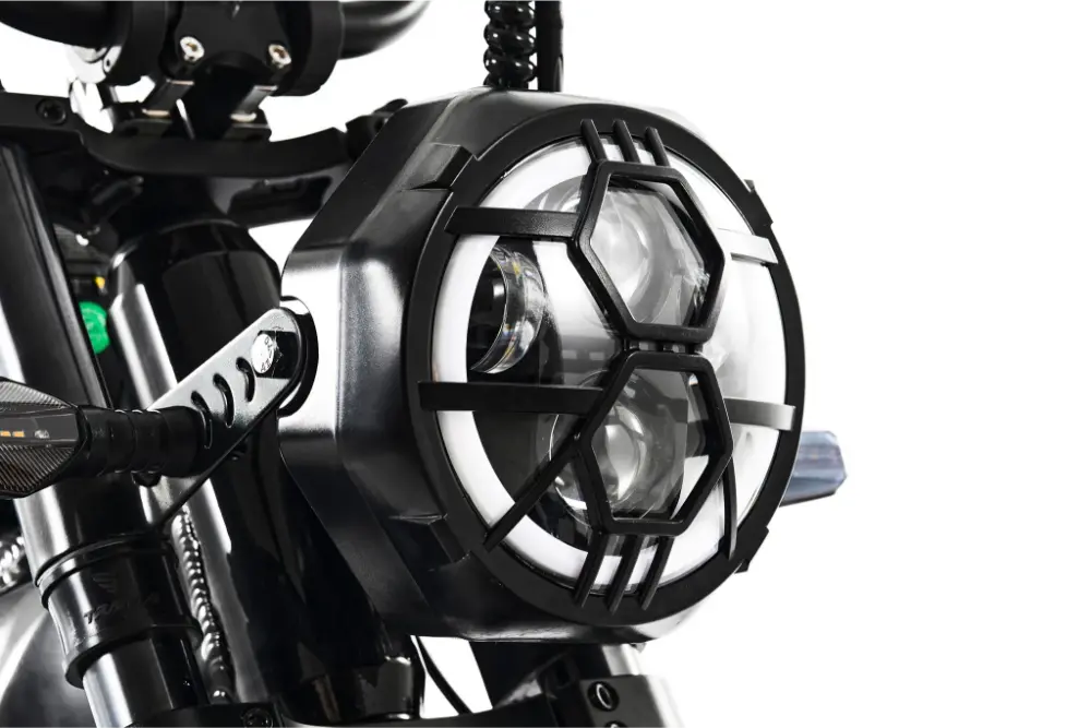 Motorcycle headlight with protective grille on a white background #Version_Cafe Racer
