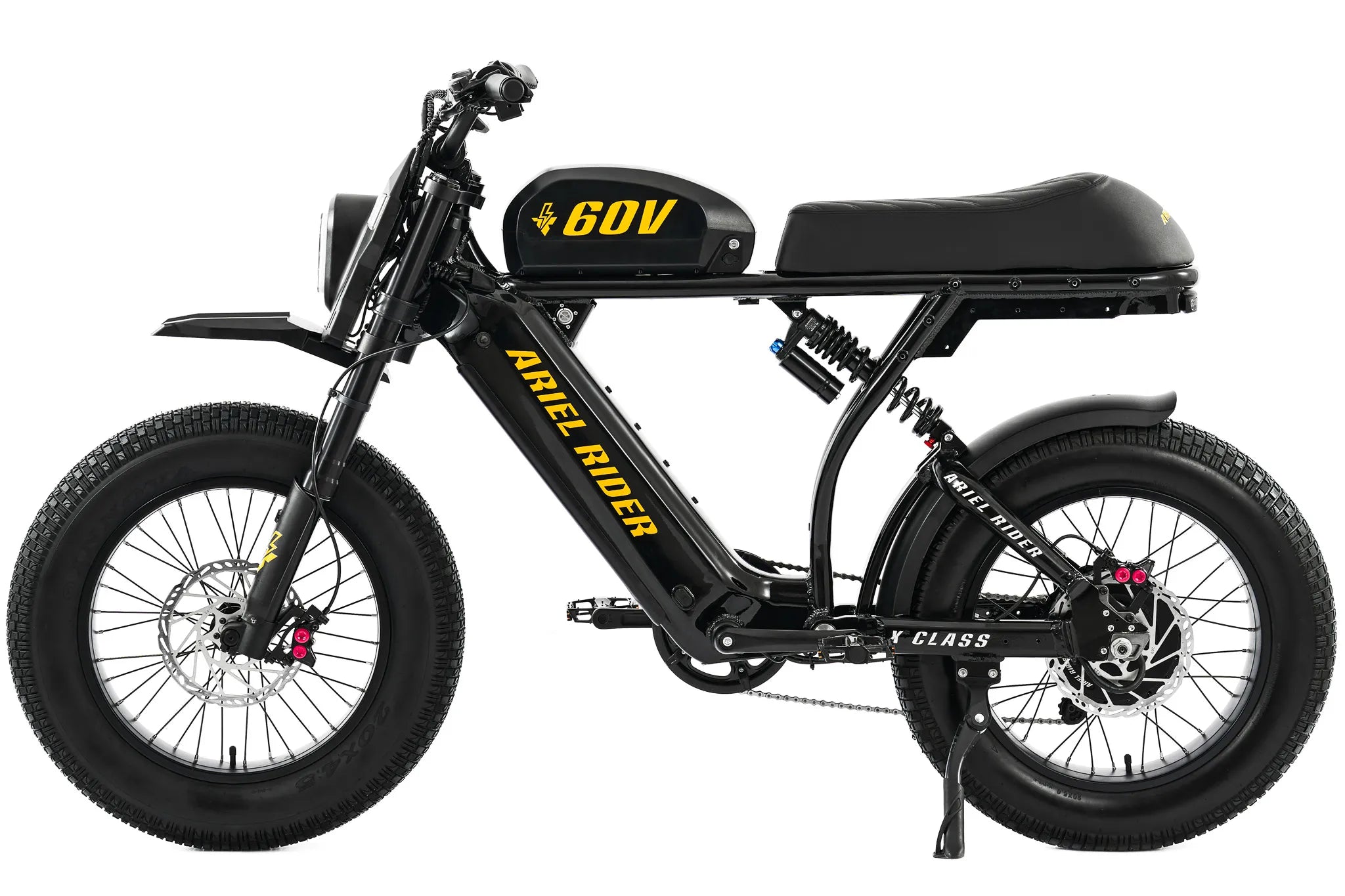 Black electric bike with yellow text on a white background ariel rider X-class 60V 