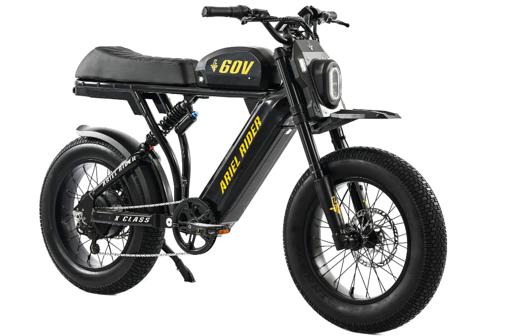 Black electric bike with 'Ariel Rider' branding on a white background X-class 60V fat tire ebike #Version_Performance