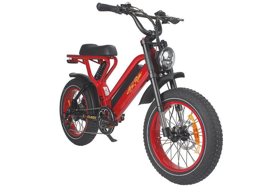 Red Ariel Rider X-Class Step-Thru electric bike on a white background.