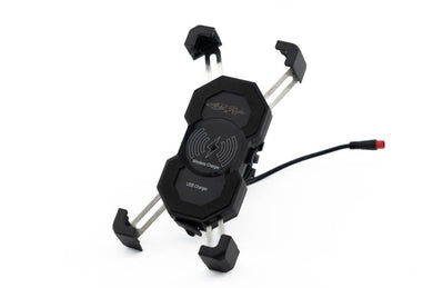 Bicycle phone holder with 15W Qi wireless charging and 18W USB quick charger for smartphones.