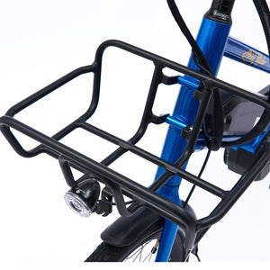 Durable aluminum e-bike front basket with a 6061 Al alloy frame, designed for heavy loads and easy attachment.