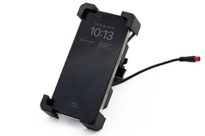 E-bike phone mount featuring 360-degree rotation and robust mechanical locking for secure device attachment.