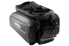 Load image into Gallery viewer, Expandable bicycle rear rack bag with side panniers, increasing storage space for longer rides.