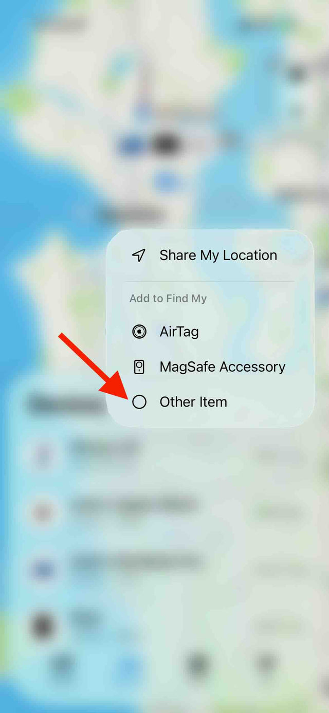 Apple Find My app Add Item menu with a red arrow pointing to Other Item