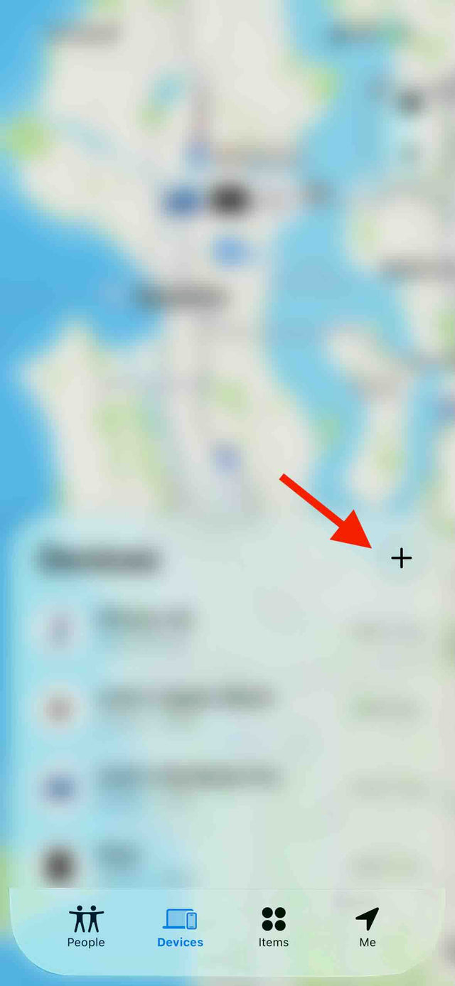 Apple Find My app with a red arrow pointing to the plus button to add a new item