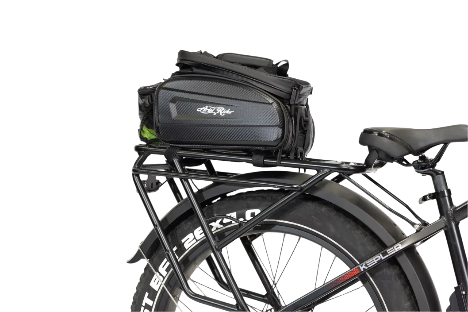 Quick-release bicycle rear rack bag with Velcro straps, allowing easy attachment and removal.