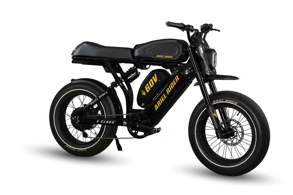 Side view of Ariel Rider X-Class 60V ebike with tank bag installed for convenient on-bike storage.