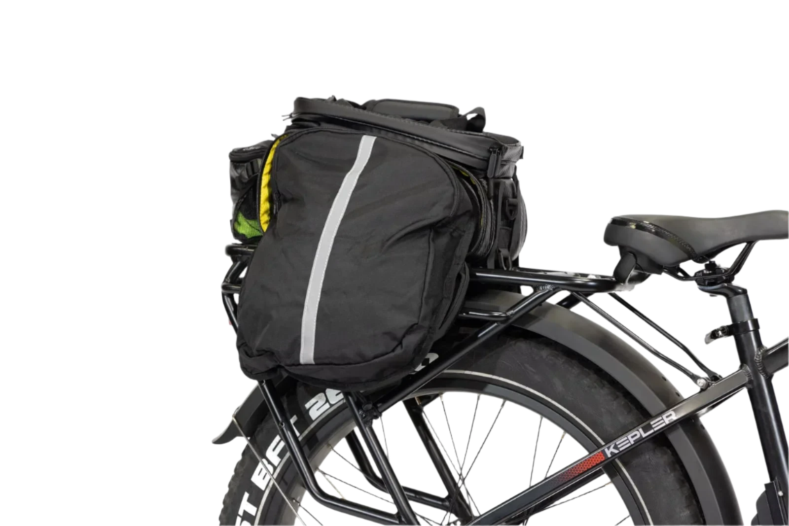 Universal-fit e-bike rear rack bag compatible with various e-bike models and rear racks.