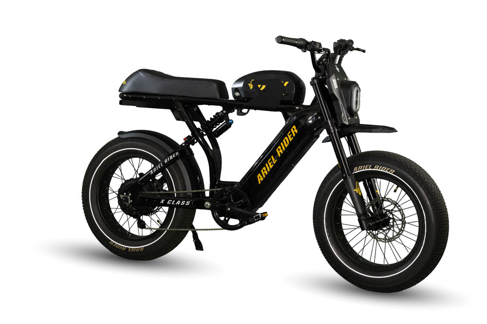 Ariel Rider X-Class 60V electric bike with protective battery shield installed under the frame for extra durability.