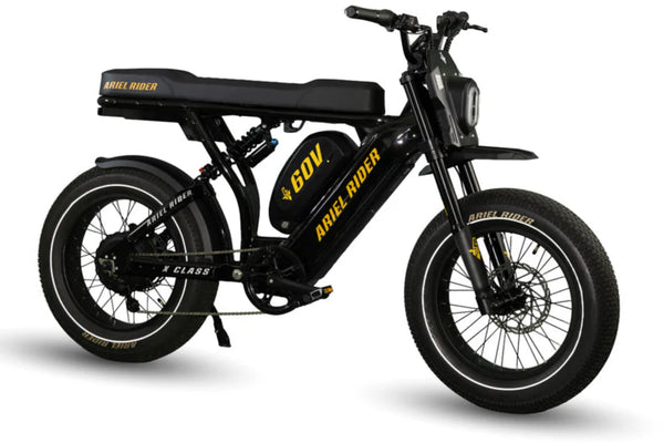 Ariel Rider X-Class 60V electric bike with long saddle, dual suspension, and fat tires for comfort and performance.