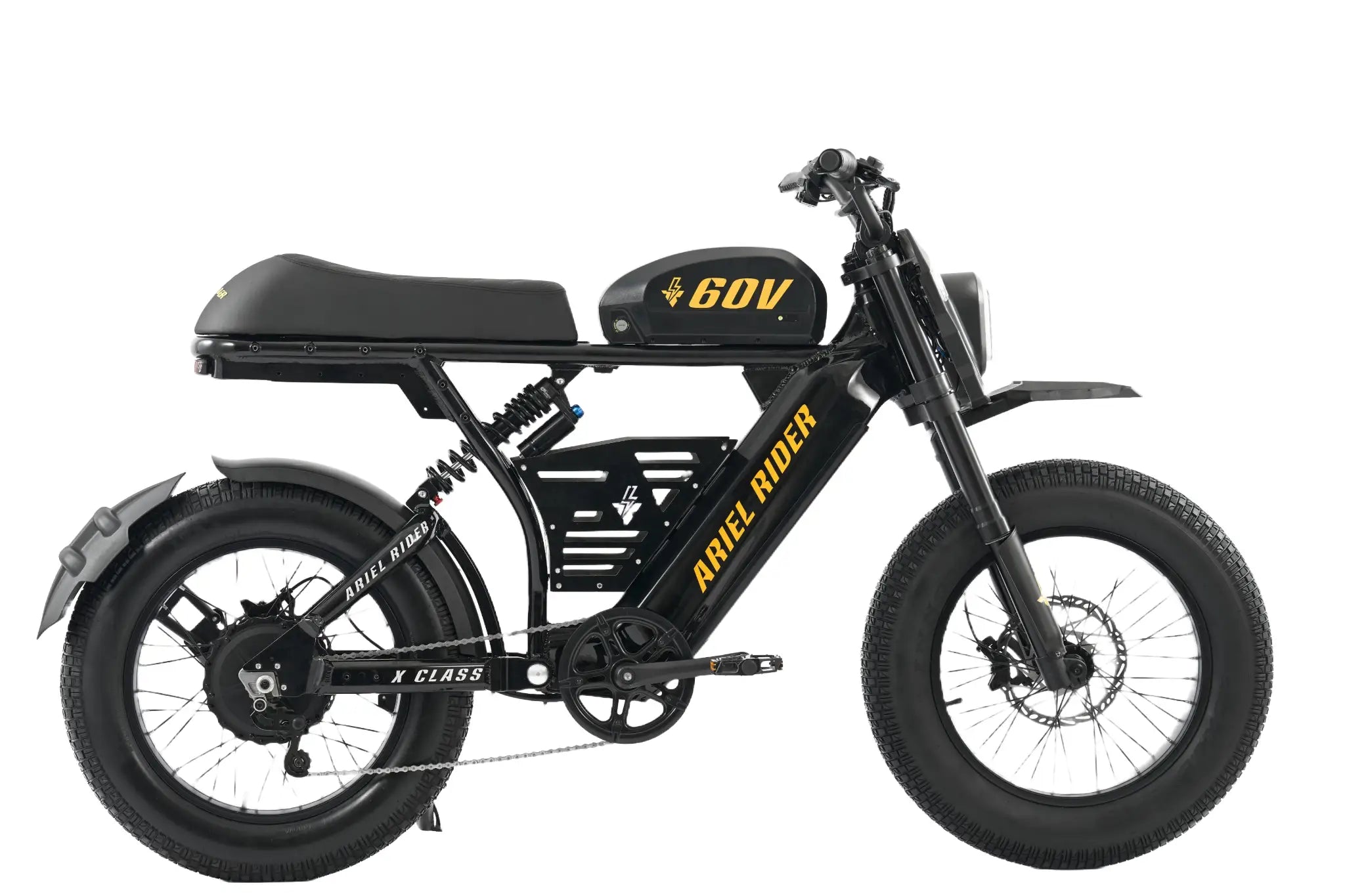 Ariel Rider X-Class 60V electric bike equipped with rear fender splash extender for better mud and water protection.