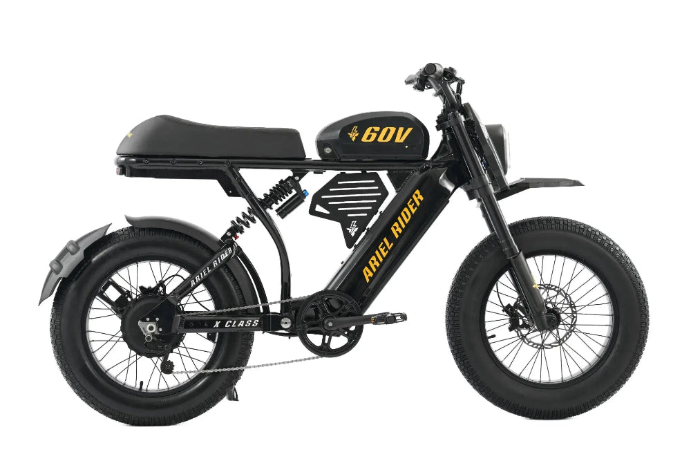 Ariel Rider X-Class 60V electric bike with in-frame MOLLE panel installed for utility and gear mounting.