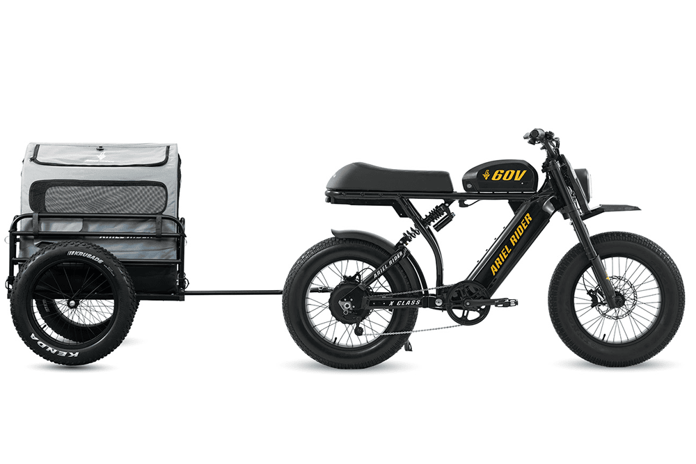 Electric bike with a trailer attached on a white background