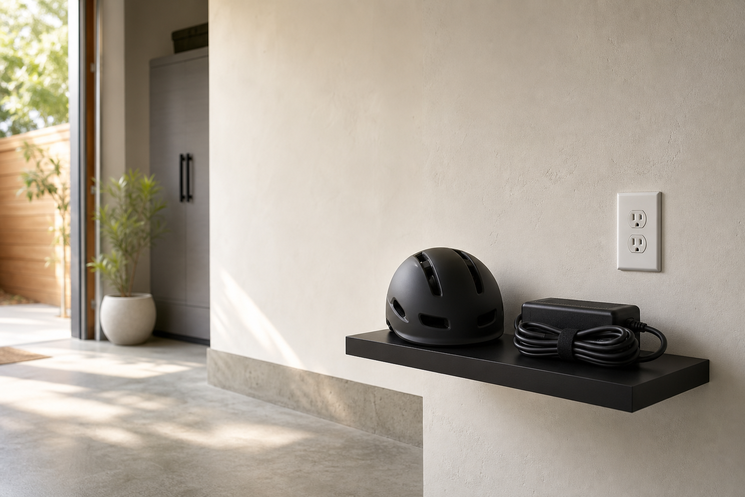 Illustrative charging-preparation area with a charger stored unplugged, cable secured, and a helmet on a wall shelf