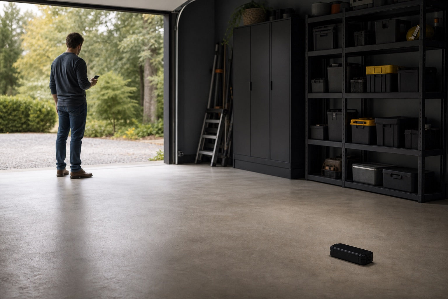 Person standing outside a garage at a distance from an unbranded battery pack on the floor