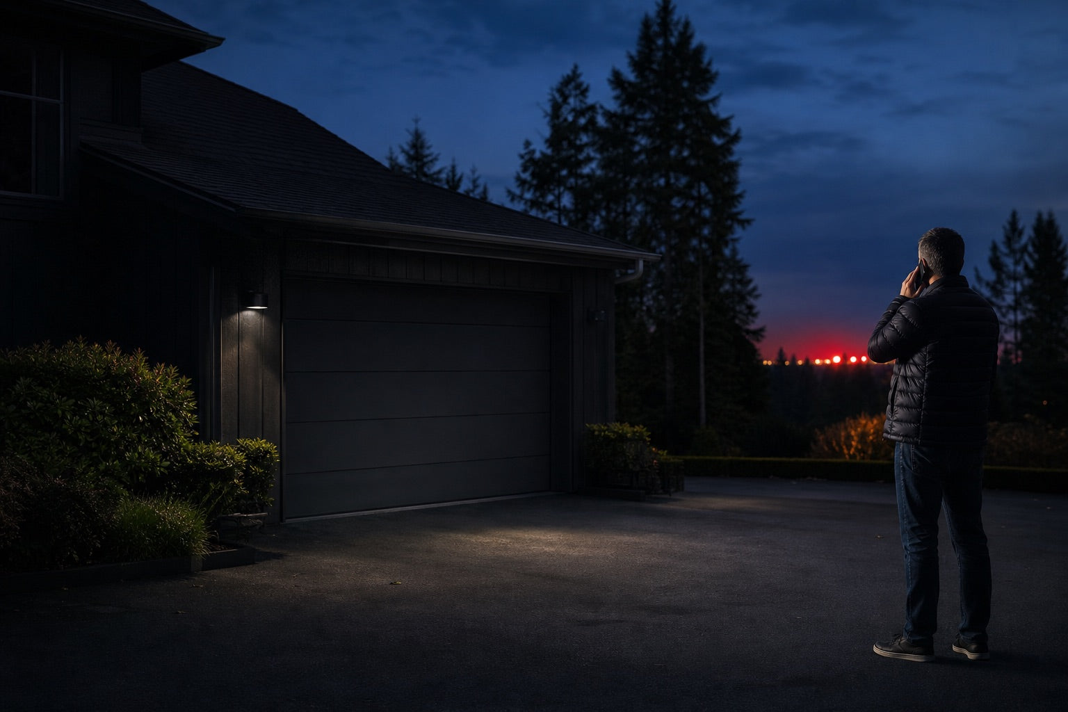 Person safely outside a closed garage, using a phone as distant emergency lights approach
