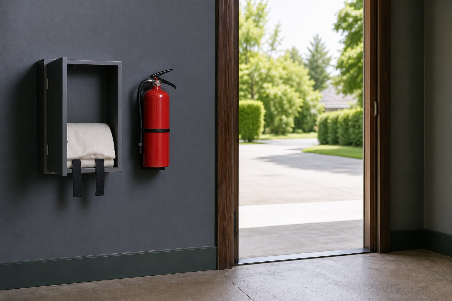 General home preparedness items beside a clear exit route