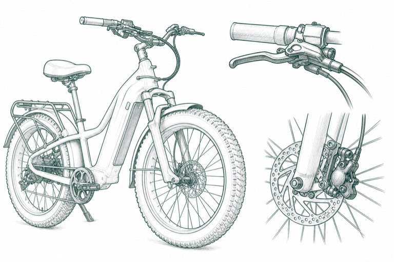 Technical sketch of a brake lever, brake hose or cable, rotor, and caliper
