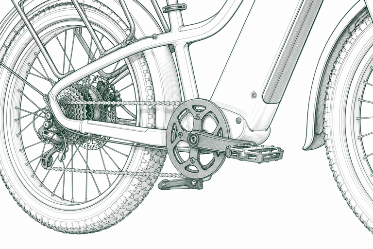 Technical sketch of a chain, crank arms, pedals, and kickstand area
