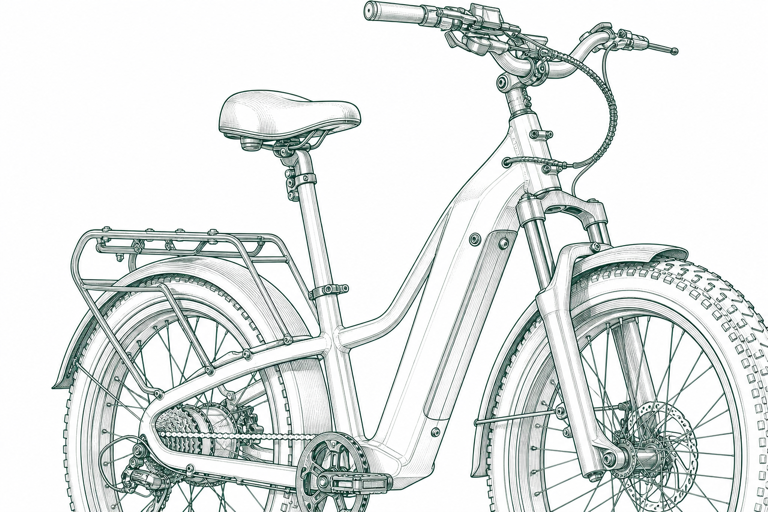 Technical sketch of a frame, seat, rack, fender, and visible fastener areas