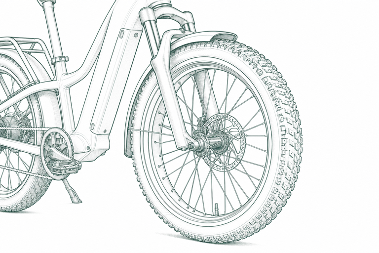Technical sketch of a front tire, wheel, fork, disc brake, and axle area