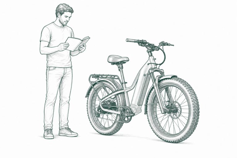 Technical sketch of a rider reading a manual beside a parked current Ariel Rider bike