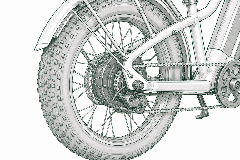Technical sketch of a rear tire, wheel, hub area, axle, and cable routing area