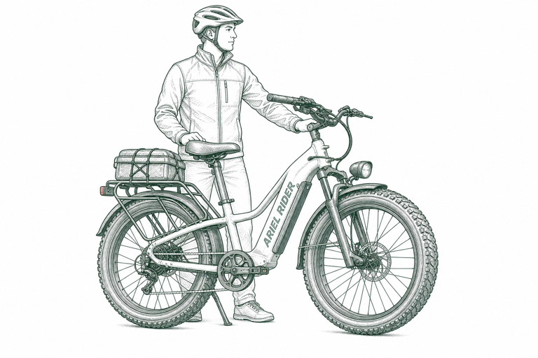 Technical sketch of a helmeted rider beside a current Ariel Rider bike with secured cargo and visible lights