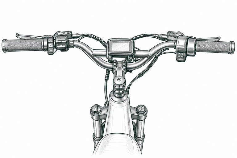 Technical sketch of a handlebar, grips, display, throttle, and steering stem